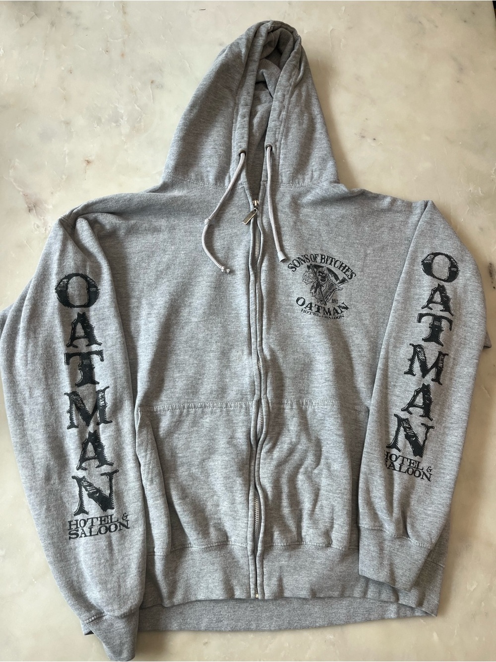 Gray Zip-Up Hoodie with Black OATMAN Graphics